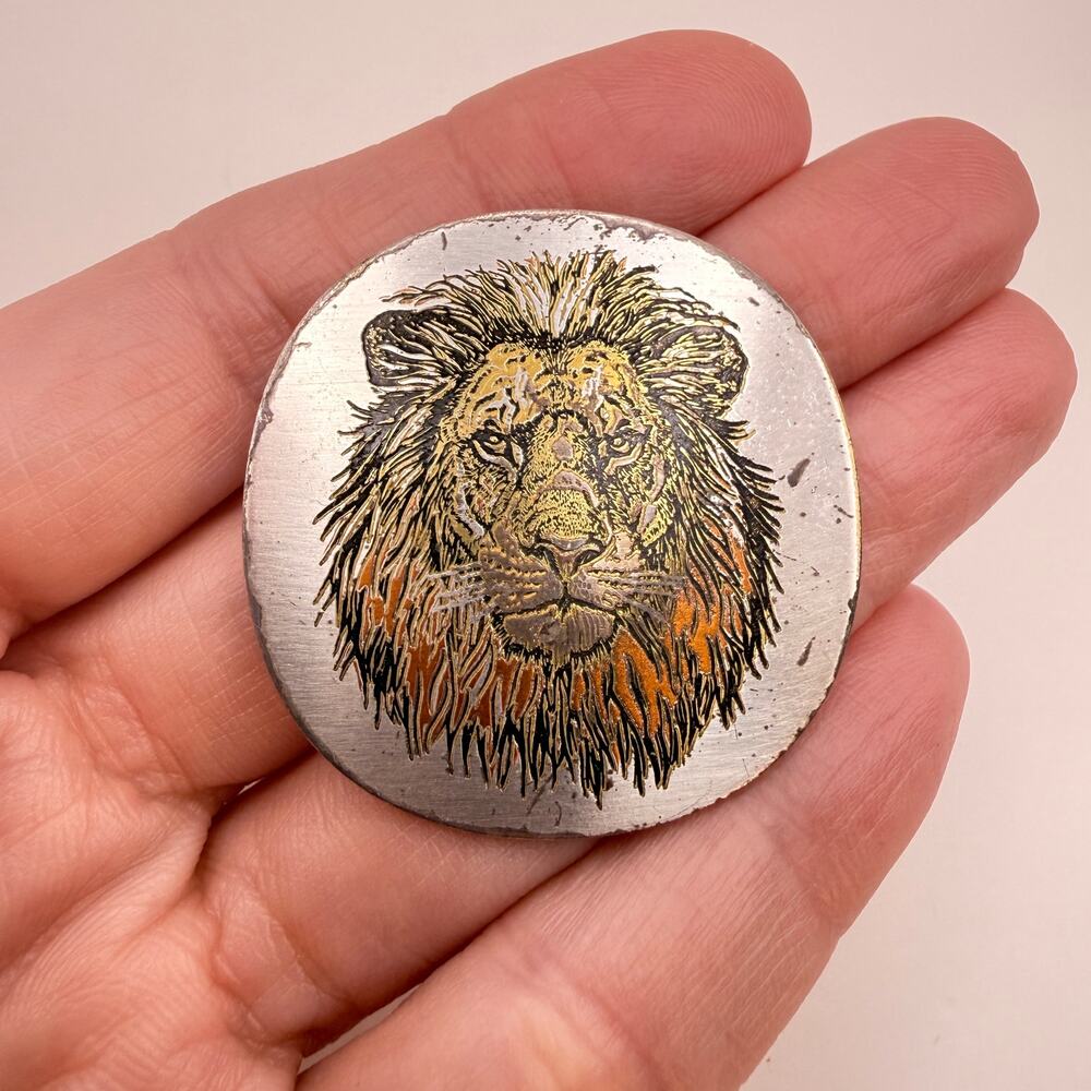 Reed & Barton Damascene Lion Head Pendant Vintage Gold Silver Tone Signed